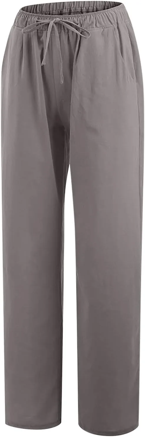 Cotton Linen Pants for Women 2024 Summer Comfy Loose Drawstring High Waist Pants Lightweight Vacation Beach Trousers