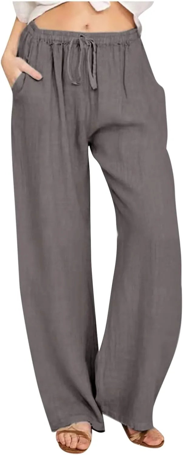Cotton Linen Pants for Women 2024 Summer Comfy Loose Drawstring High Waist Pants Lightweight Vacation Beach Trousers
