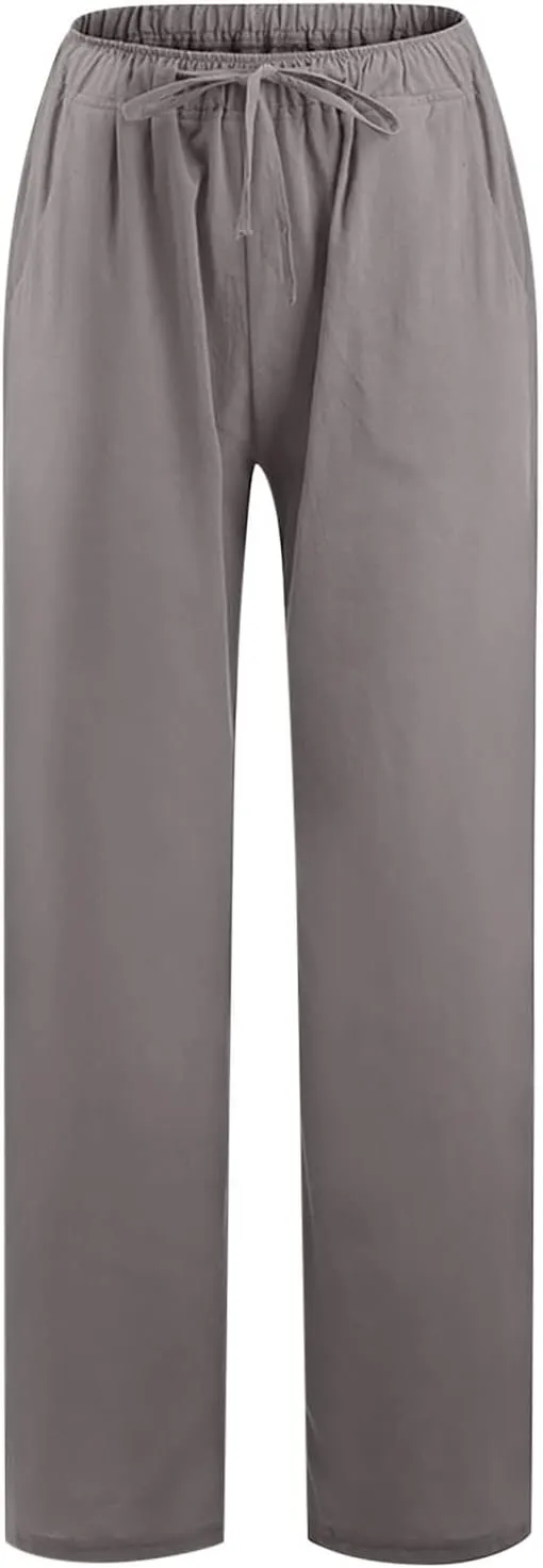 Cotton Linen Pants for Women 2024 Summer Comfy Loose Drawstring High Waist Pants Lightweight Vacation Beach Trousers