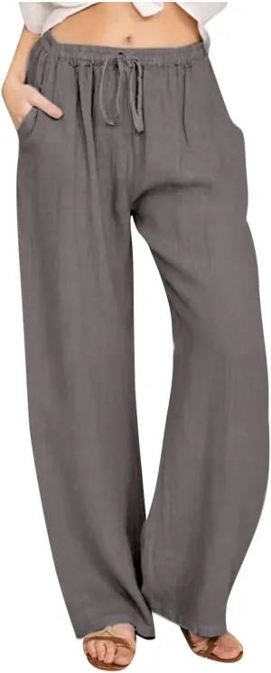 Cotton Linen Pants for Women 2024 Summer Comfy Loose Drawstring High Waist Pants Lightweight Vacation Beach Trousers