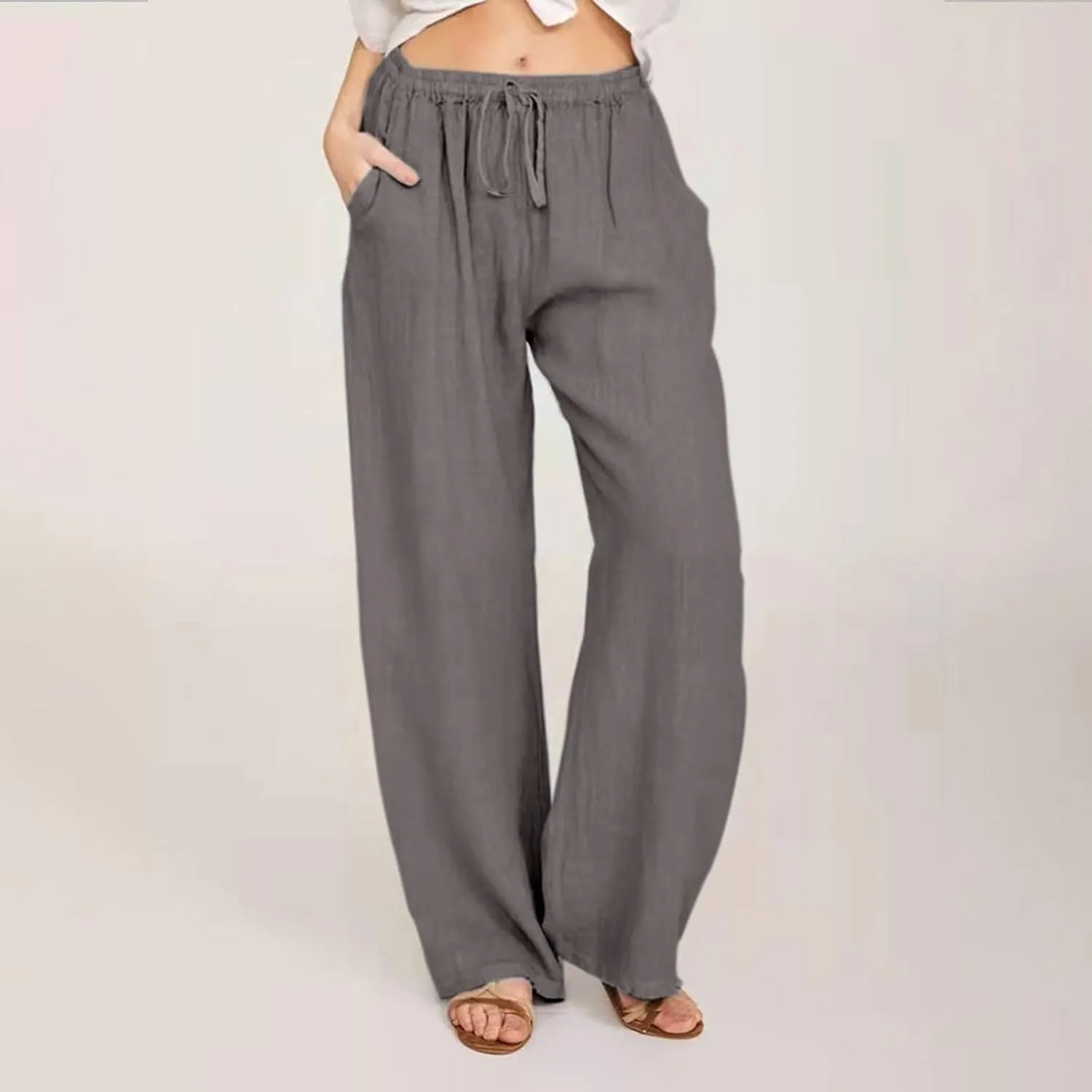 Cotton Linen Pants for Women 2024 Summer Comfy Loose Drawstring High Waist Pants Lightweight Vacation Beach Trousers