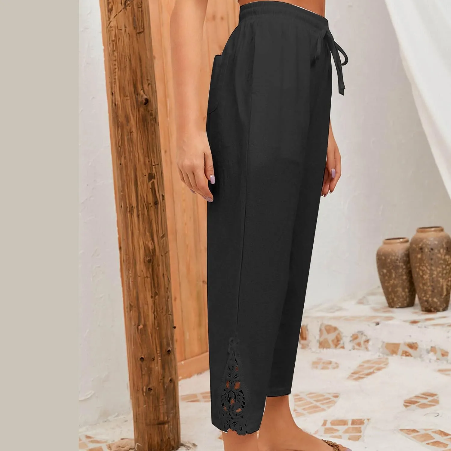Cotton Linen Pants Women Summer Casual Loose Elastic High Waist Beach Trousers with Pockets Lace Buttom Capri Pants