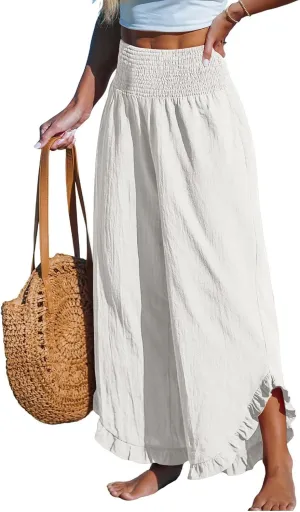 Cotton Linen Wide Leg Pants for Women Summer Casual Beach Stretch Smocked High Waisted Ruffle Hem Palazzo Pants