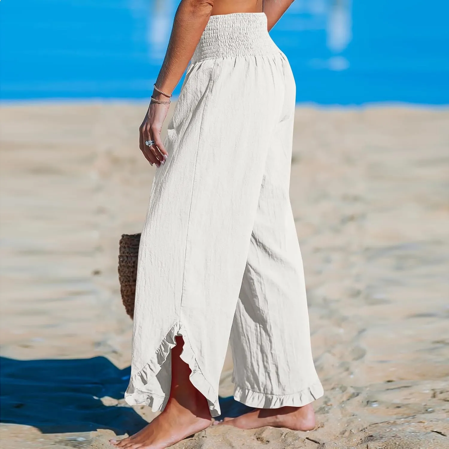 Cotton Linen Wide Leg Pants for Women Summer Casual Beach Stretch Smocked High Waisted Ruffle Hem Palazzo Pants