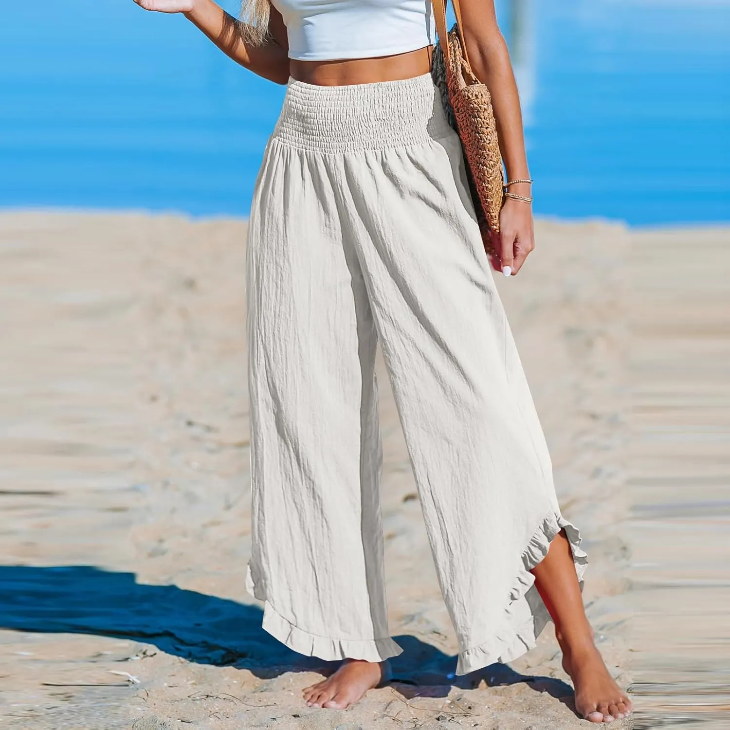 Cotton Linen Wide Leg Pants for Women Summer Casual Beach Stretch Smocked High Waisted Ruffle Hem Palazzo Pants