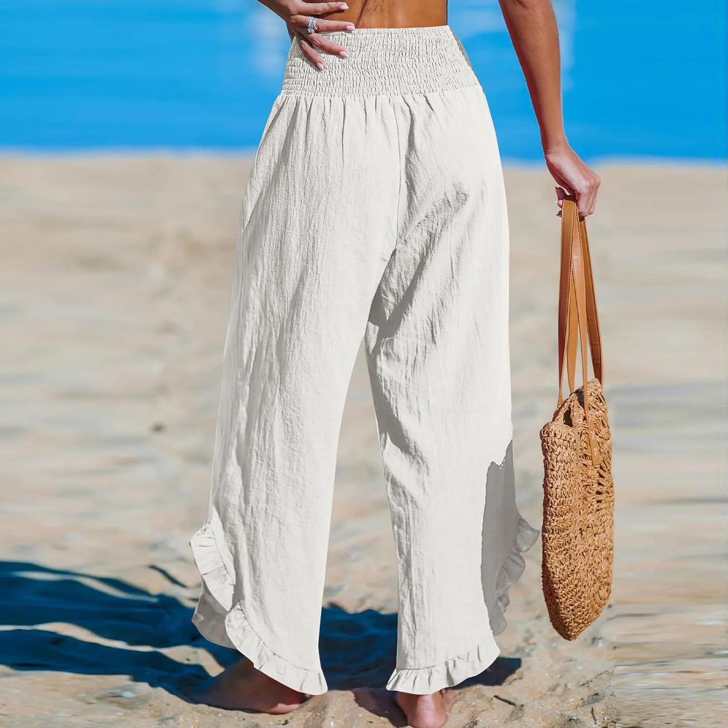 Cotton Linen Wide Leg Pants for Women Summer Casual Beach Stretch Smocked High Waisted Ruffle Hem Palazzo Pants