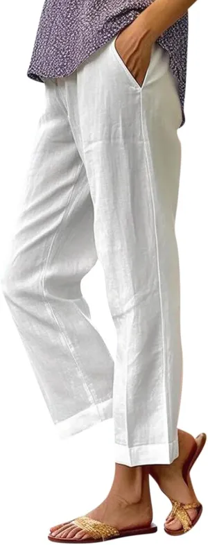 Cropped Linen Pants Women Summer Elastic Waist Straight Leg Plus Size Crop Pants Casual Beach Trousers with Pockets