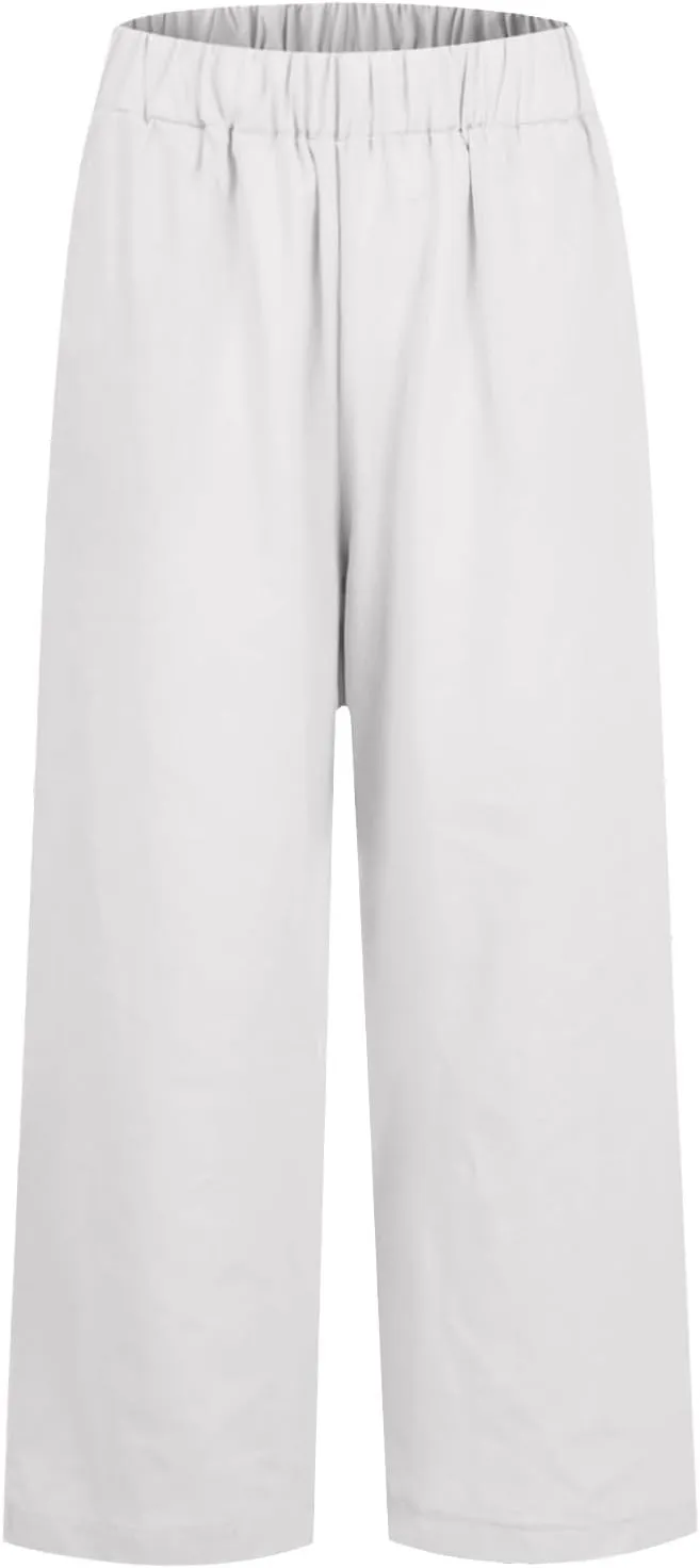 Cropped Linen Pants Women Summer Elastic Waist Straight Leg Plus Size Crop Pants Casual Beach Trousers with Pockets