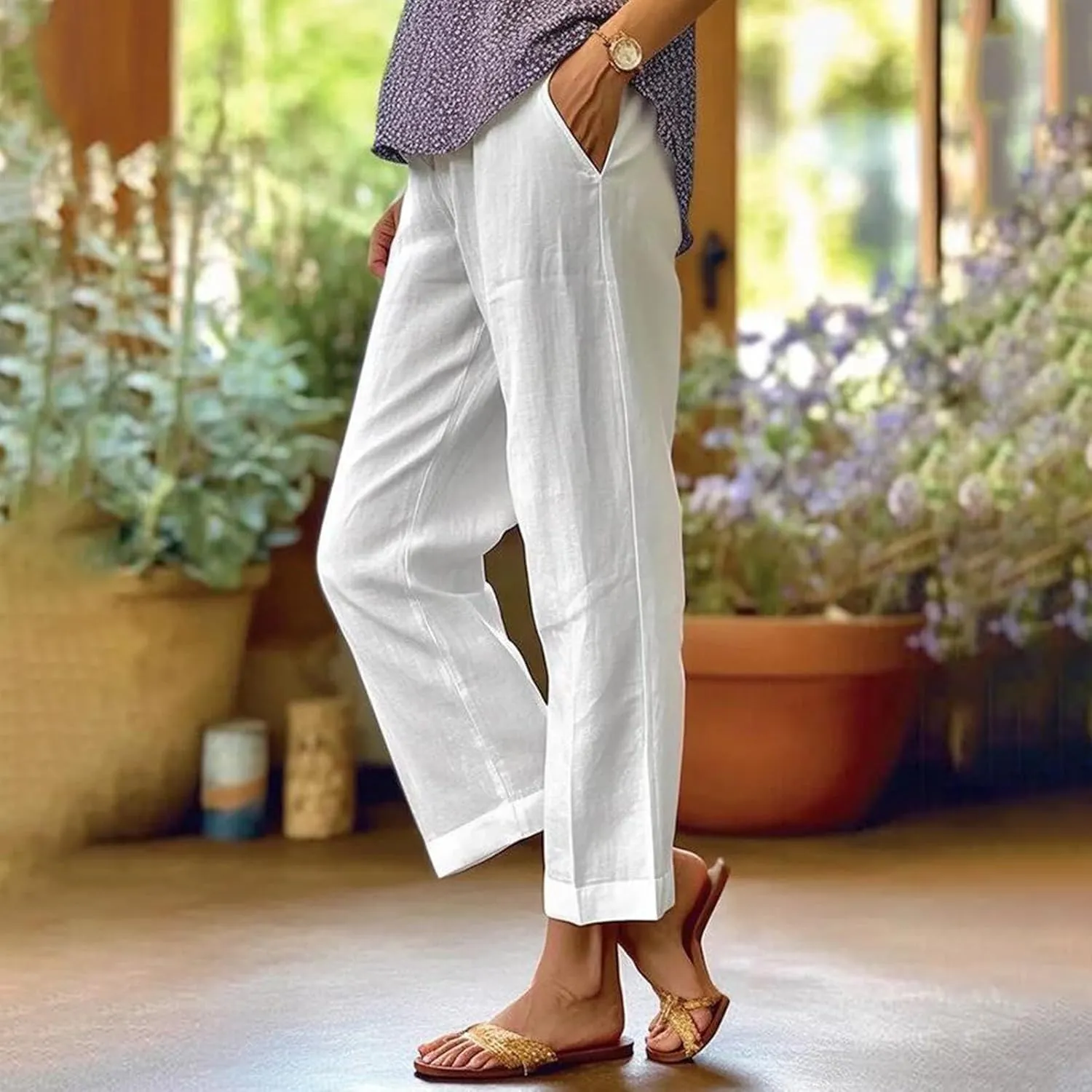 Cropped Linen Pants Women Summer Elastic Waist Straight Leg Plus Size Crop Pants Casual Beach Trousers with Pockets