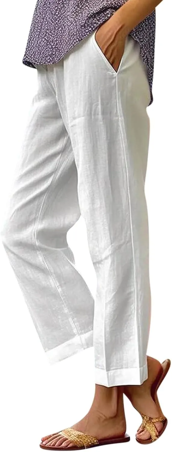 Cropped Linen Pants Women Summer Elastic Waist Straight Leg Plus Size Crop Pants Casual Beach Trousers with Pockets
