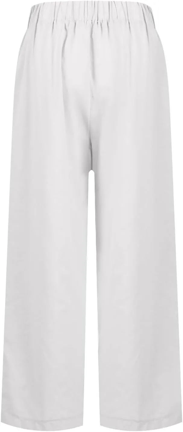 Cropped Linen Pants Women Summer Elastic Waist Straight Leg Plus Size Crop Pants Casual Beach Trousers with Pockets