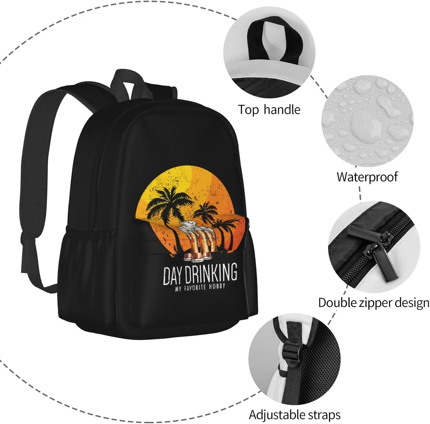 Day Drinkings My Favorite Hobby Sunset Palm Trees Backpack Casual Laptop Backpack Large Capacity Double Shoulder Bag Travel Daypack For Women Men