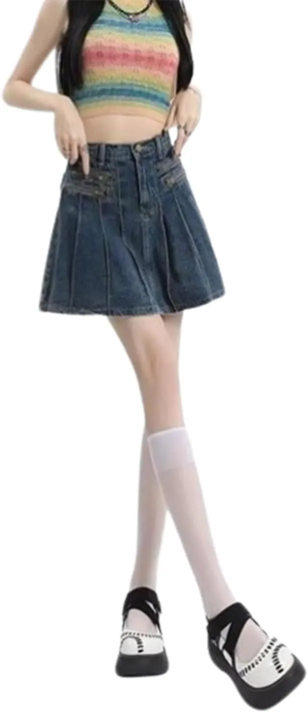 Denim Pleated Skirt, Buttoned Y2k Jean Skirt with Skort, Plus Size Women High Waisted A-Line Ruffle Mini Skirt