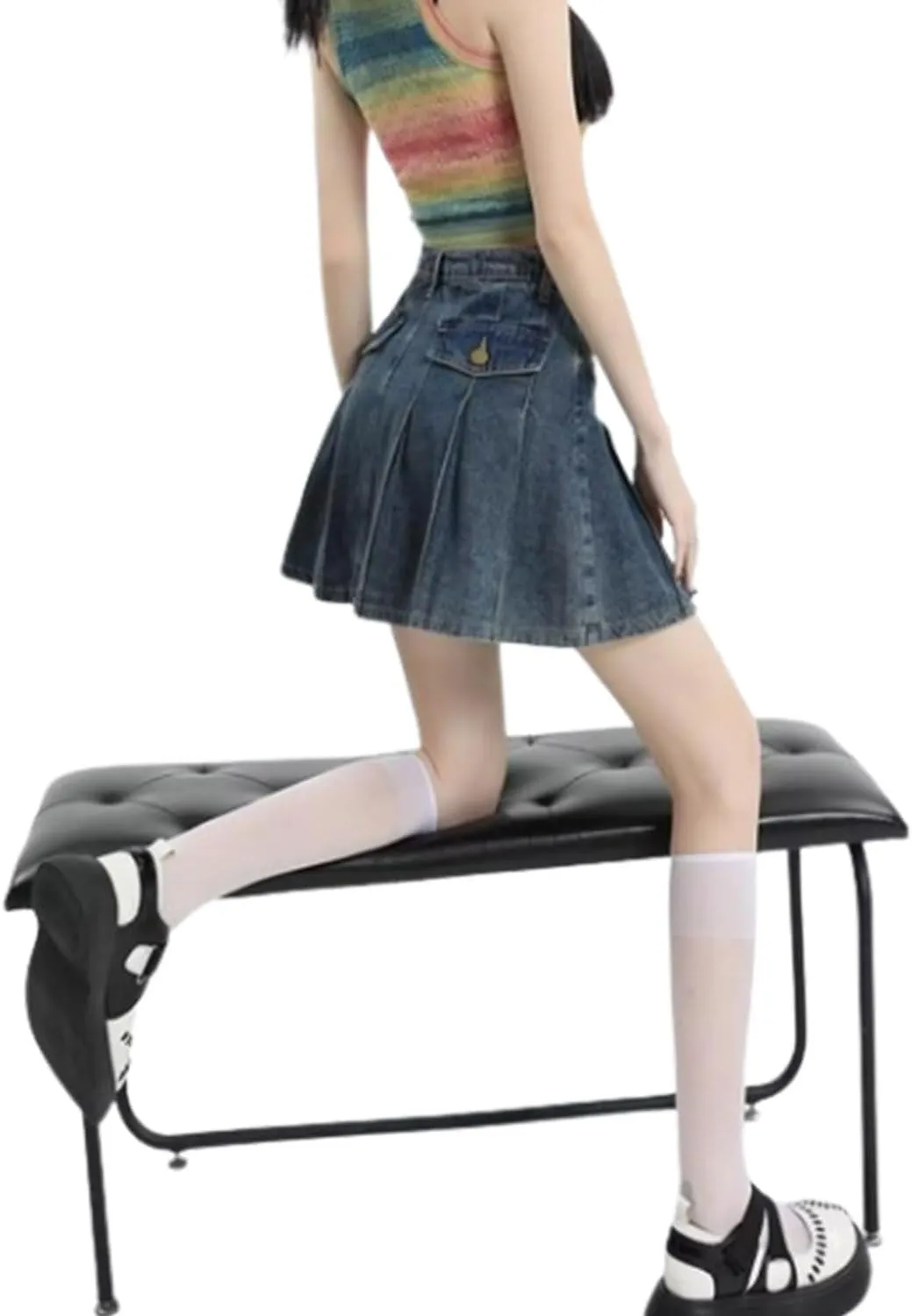 Denim Pleated Skirt, Buttoned Y2k Jean Skirt with Skort, Plus Size Women High Waisted A-Line Ruffle Mini Skirt