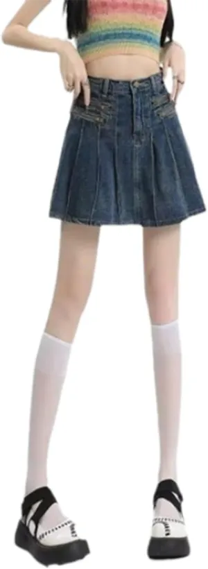 Denim Pleated Skirt, Buttoned Y2k Jean Skirt with Skort, Plus Size Women High Waisted A-Line Ruffle Mini Skirt