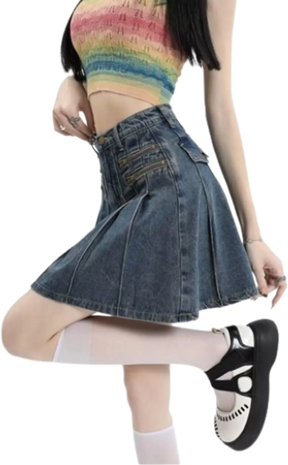Denim Pleated Skirt, Buttoned Y2k Jean Skirt with Skort, Plus Size Women High Waisted A-Line Ruffle Mini Skirt