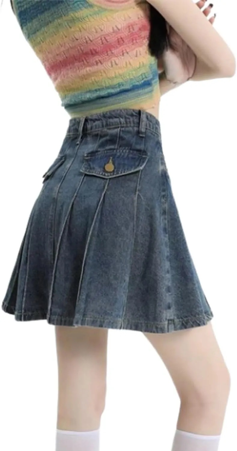 Denim Pleated Skirt, Buttoned Y2k Jean Skirt with Skort, Plus Size Women High Waisted A-Line Ruffle Mini Skirt