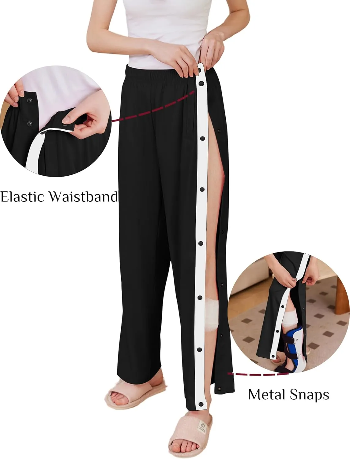 Deyeek Women's Tear Away Pants Side Split Snap Open Bottom Sweatpants Leg Breakaway Post Surgery Pants with Pockets