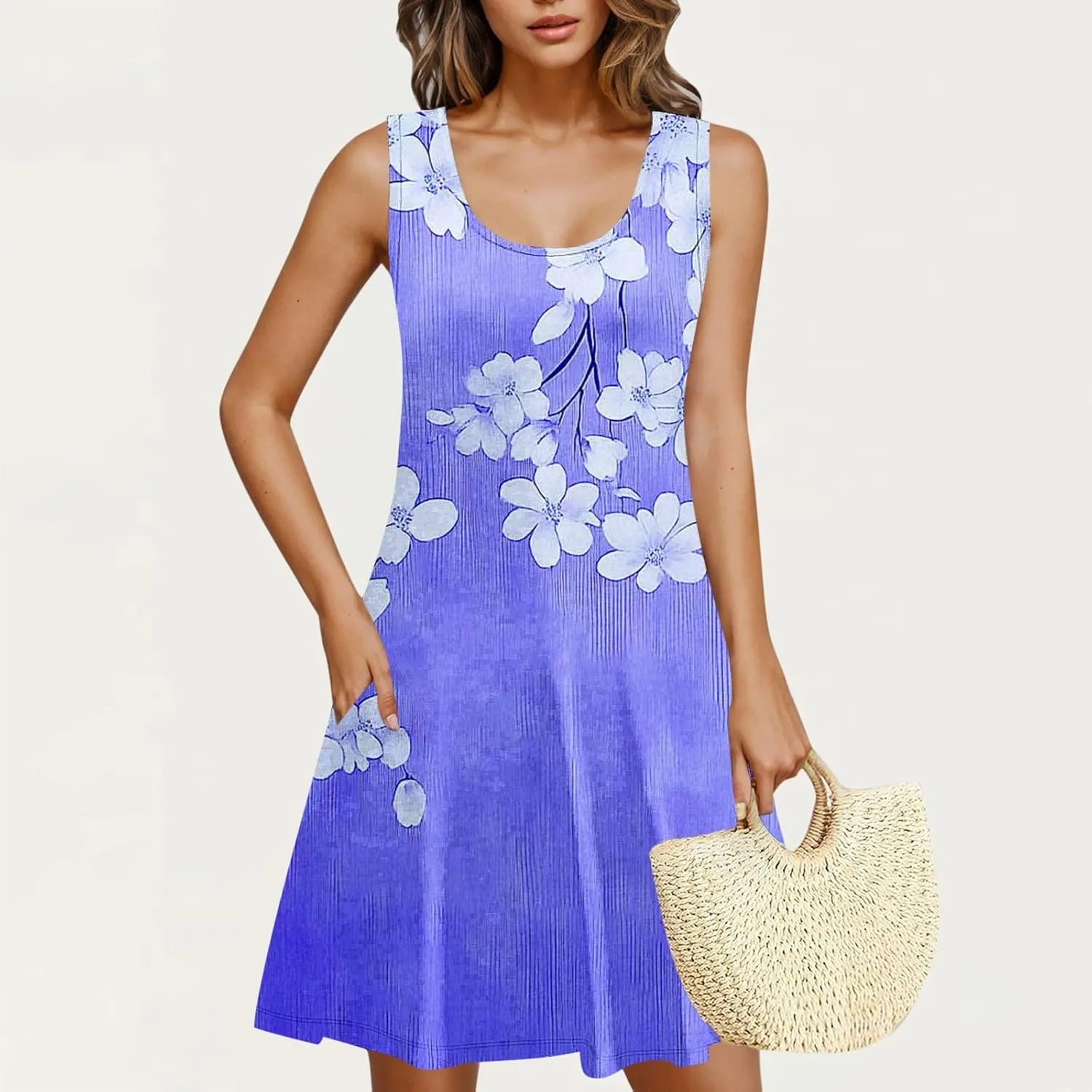 Dresses for Women 2025 Casual Floral Print Sleeveless Crewneck Flowy Mini Dress A Line Summer Beach Vacation Sundress