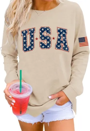 Dressmine Womens Usa Sweatshirt Long Sleeve Graphic 4Th Of July Flag Shirts 2025 Cute Knit Casual Pullover