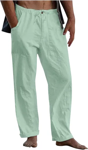 DuDubaby Denim Pants Men's Casual Loose and Comfortable Casual Pants Cotton Linen Printed Drawstring Trousers Long Yoga Pants