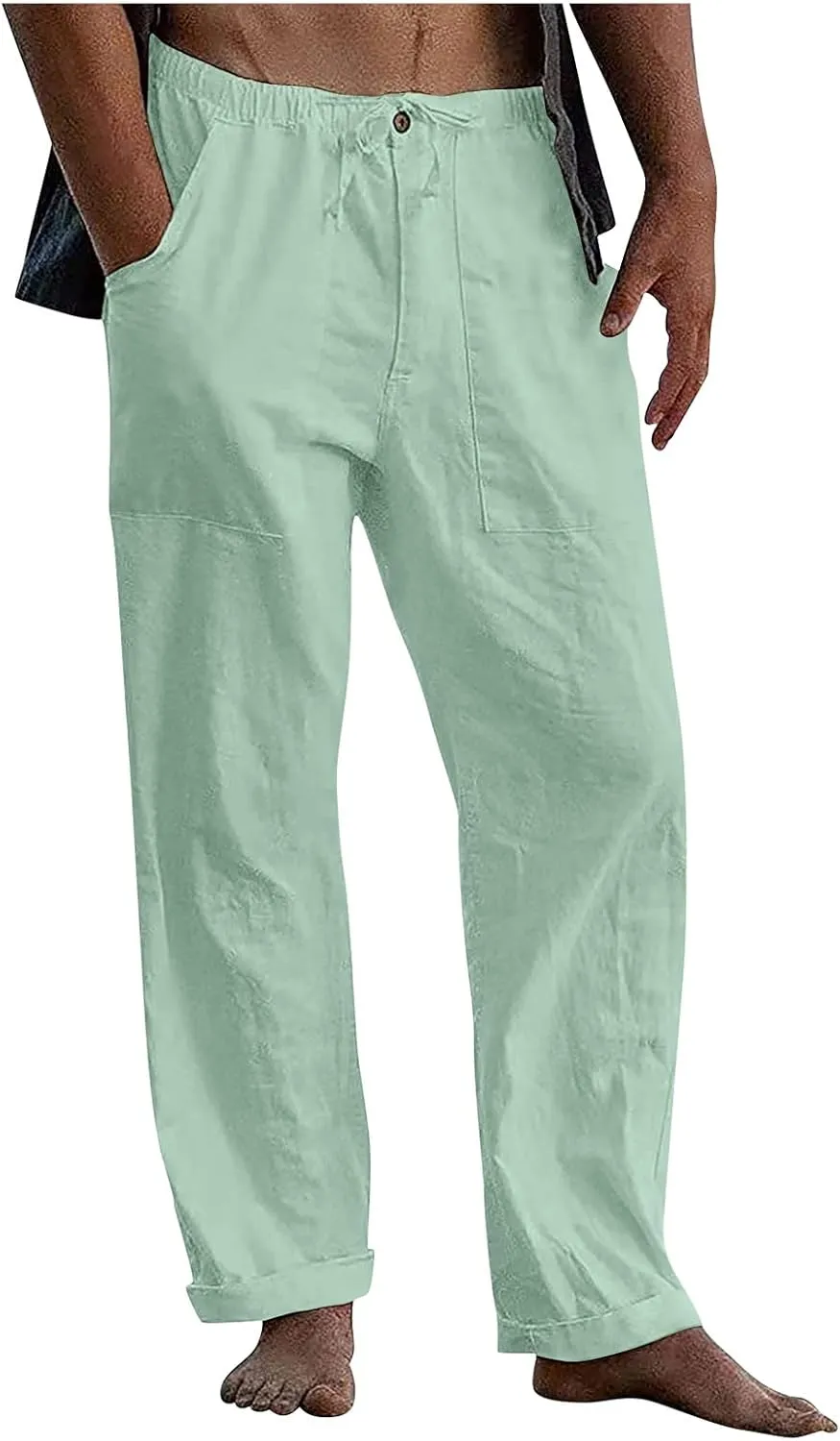 DuDubaby Denim Pants Men's Casual Loose and Comfortable Casual Pants Cotton Linen Printed Drawstring Trousers Long Yoga Pants