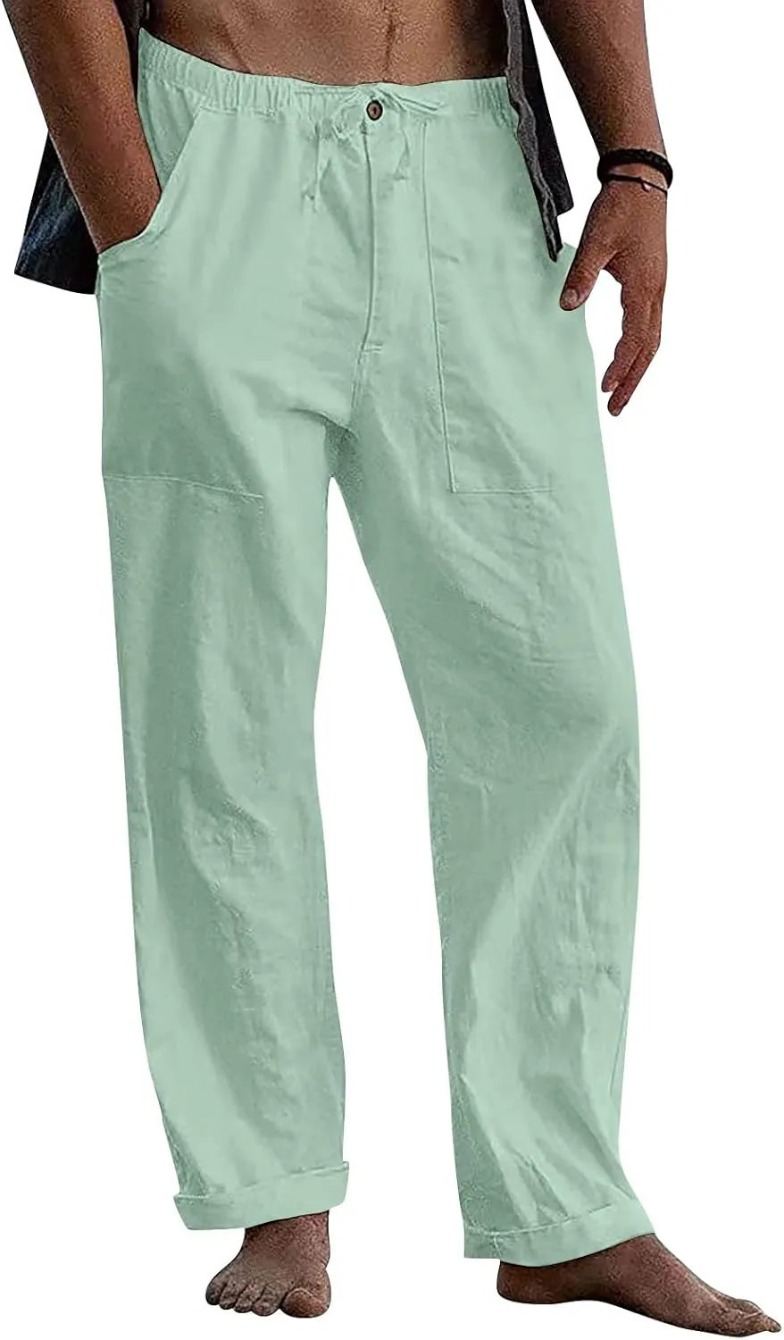 DuDubaby Denim Pants Men's Casual Loose and Comfortable Casual Pants Cotton Linen Printed Drawstring Trousers Long Yoga Pants