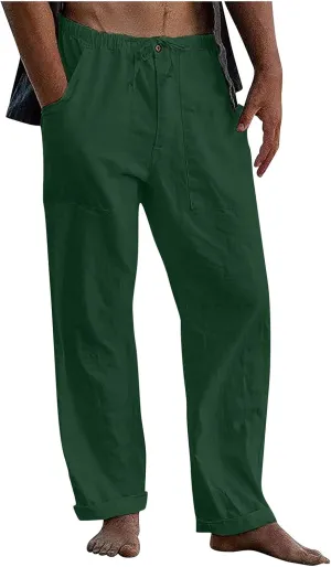 DuDubaby Denim Pants Men's Casual Loose and Comfortable Casual Pants Cotton Linen Printed Drawstring Trousers Long Yoga Pants