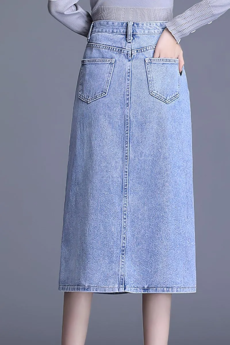 ebossy Women Denim Pencil Skirt High Waist Side Slit A-Line Casual Jean Skirt with Pocket