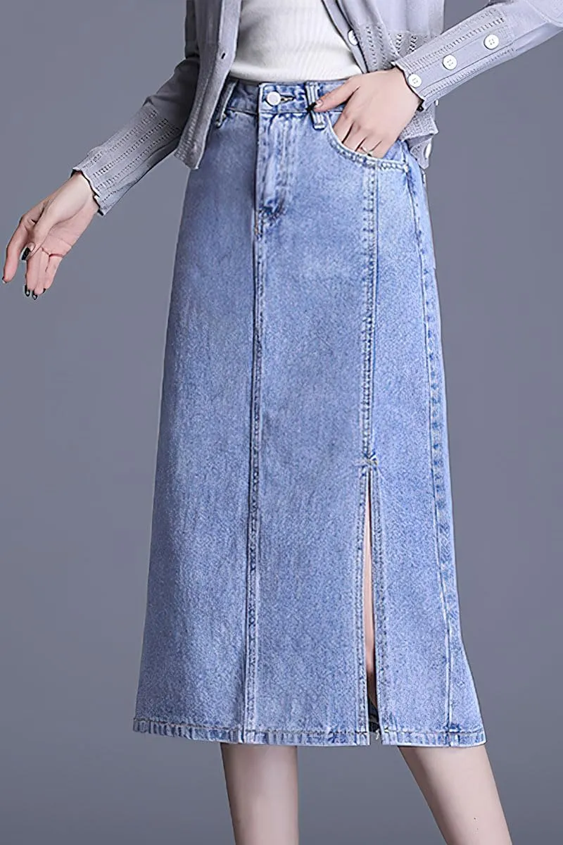 ebossy Women Denim Pencil Skirt High Waist Side Slit A-Line Casual Jean Skirt with Pocket