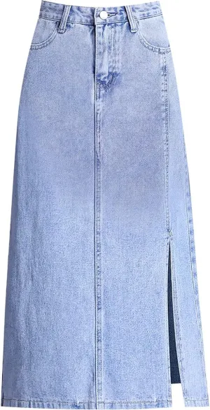 ebossy Women Denim Pencil Skirt High Waist Side Slit A-Line Casual Jean Skirt with Pocket