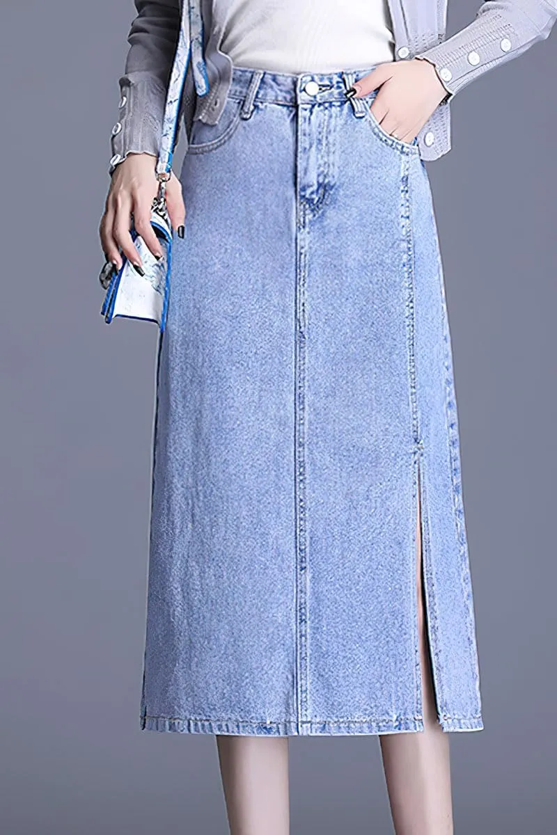 ebossy Women Denim Pencil Skirt High Waist Side Slit A-Line Casual Jean Skirt with Pocket