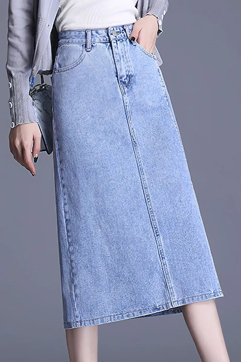 ebossy Women Denim Pencil Skirt High Waist Side Slit A-Line Casual Jean Skirt with Pocket