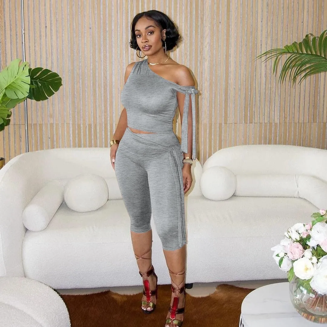 Elainone Capri Sets Women 2 Piece Outfits Sexy One Shoulder Sleeveless Crop Tops Bodycon Pant Sets
