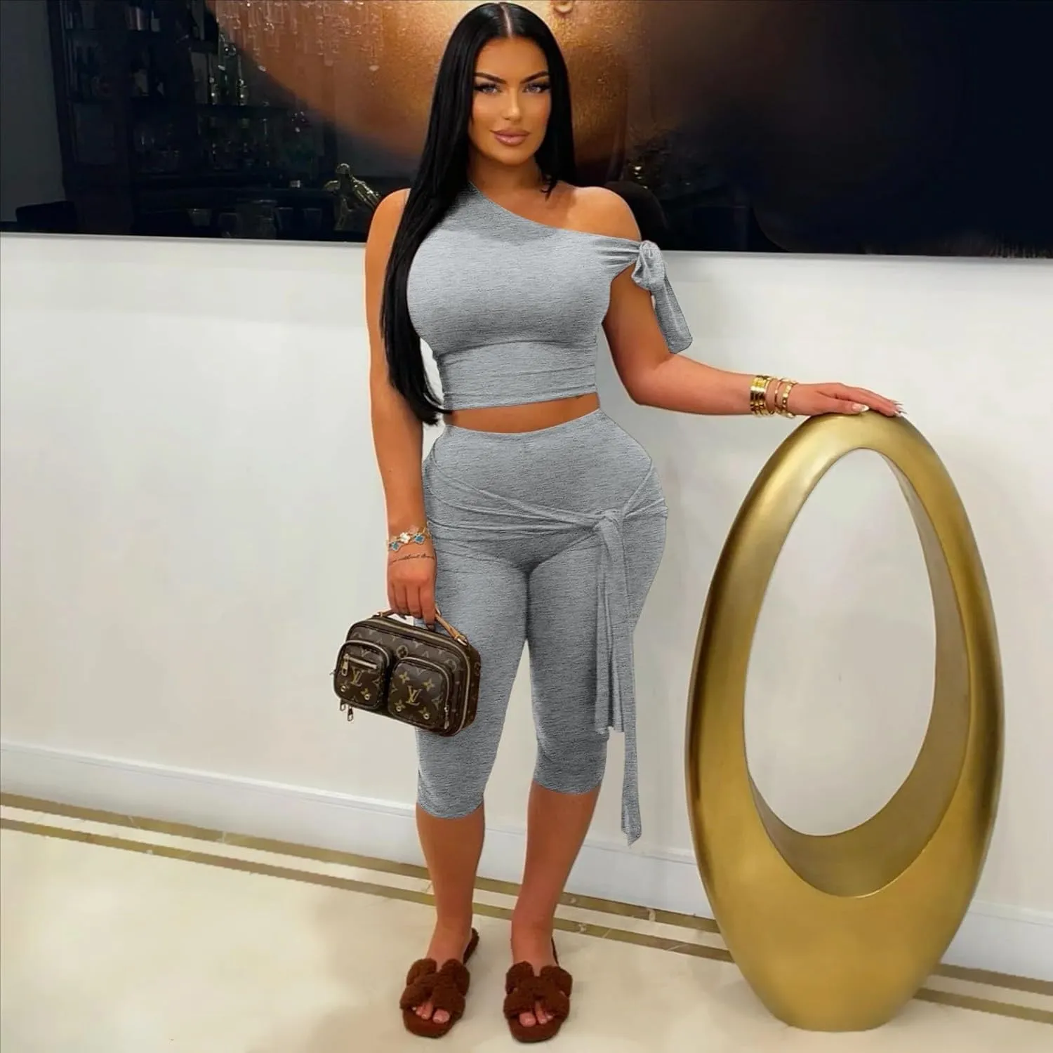 Elainone Capri Sets Women 2 Piece Outfits Sexy One Shoulder Sleeveless Crop Tops Bodycon Pant Sets
