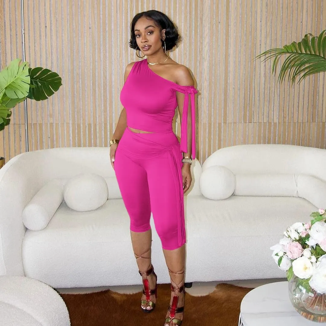 Elainone Capri Sets Women 2 Piece Outfits Sexy One Shoulder Sleeveless Crop Tops Bodycon Pant Sets