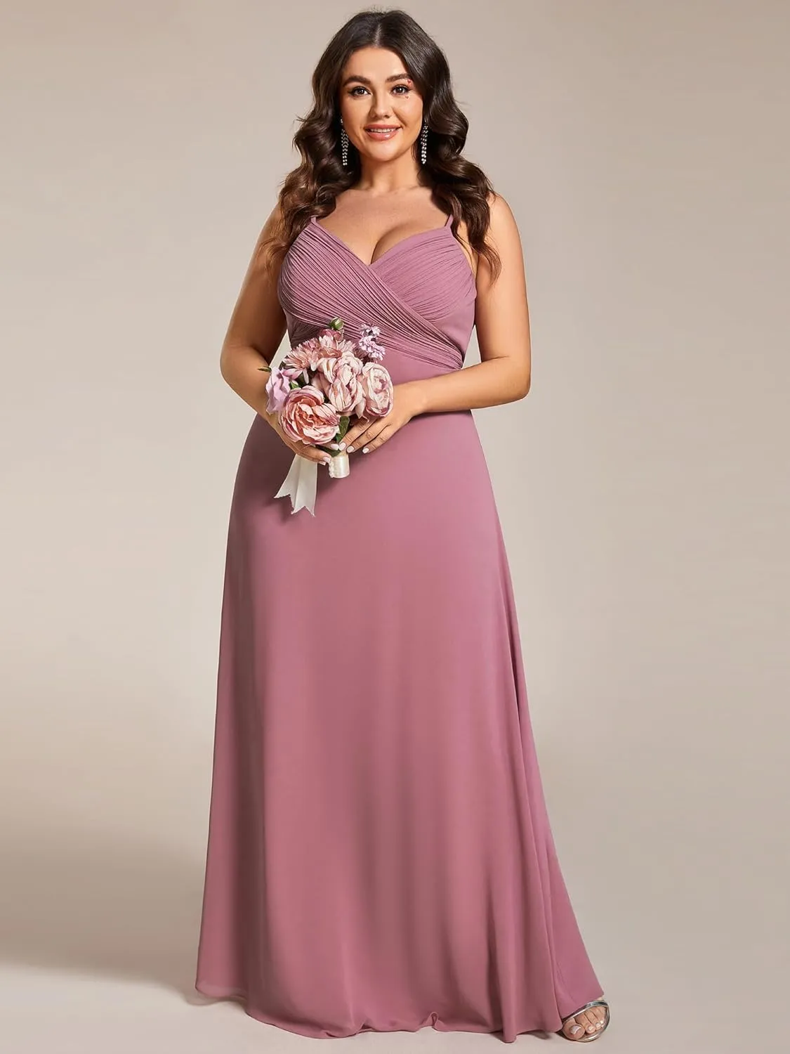 Ever-Pretty Plus Women's Summer Sexy Spaghetti Straps Cowl Back V Neck Ruched Plus Size Bridesmaid Dress