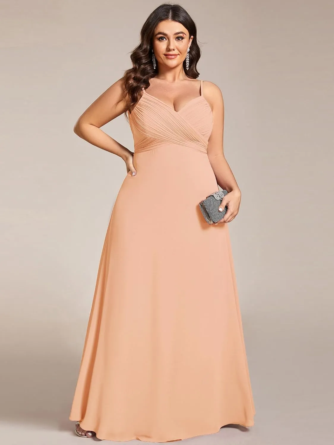 Ever-Pretty Plus Women's Summer Sexy Spaghetti Straps Cowl Back V Neck Ruched Plus Size Bridesmaid Dress