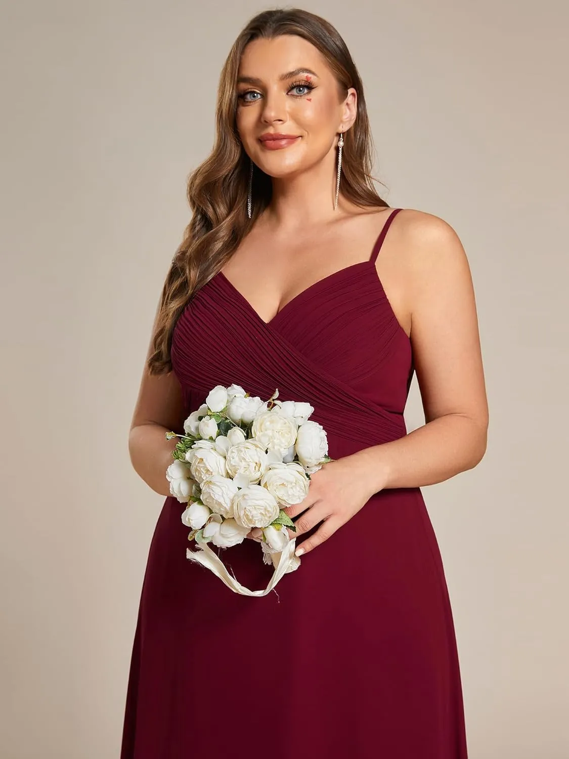 Ever-Pretty Plus Women's Summer Sexy Spaghetti Straps Cowl Back V Neck Ruched Plus Size Bridesmaid Dress