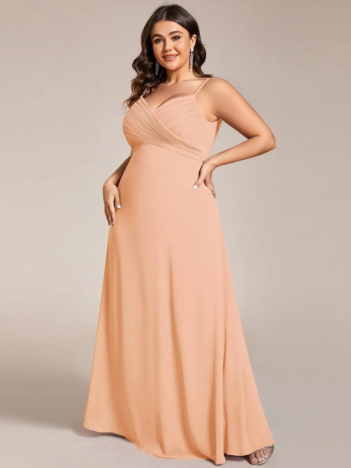 Ever-Pretty Plus Women's Summer Sexy Spaghetti Straps Cowl Back V Neck Ruched Plus Size Bridesmaid Dress