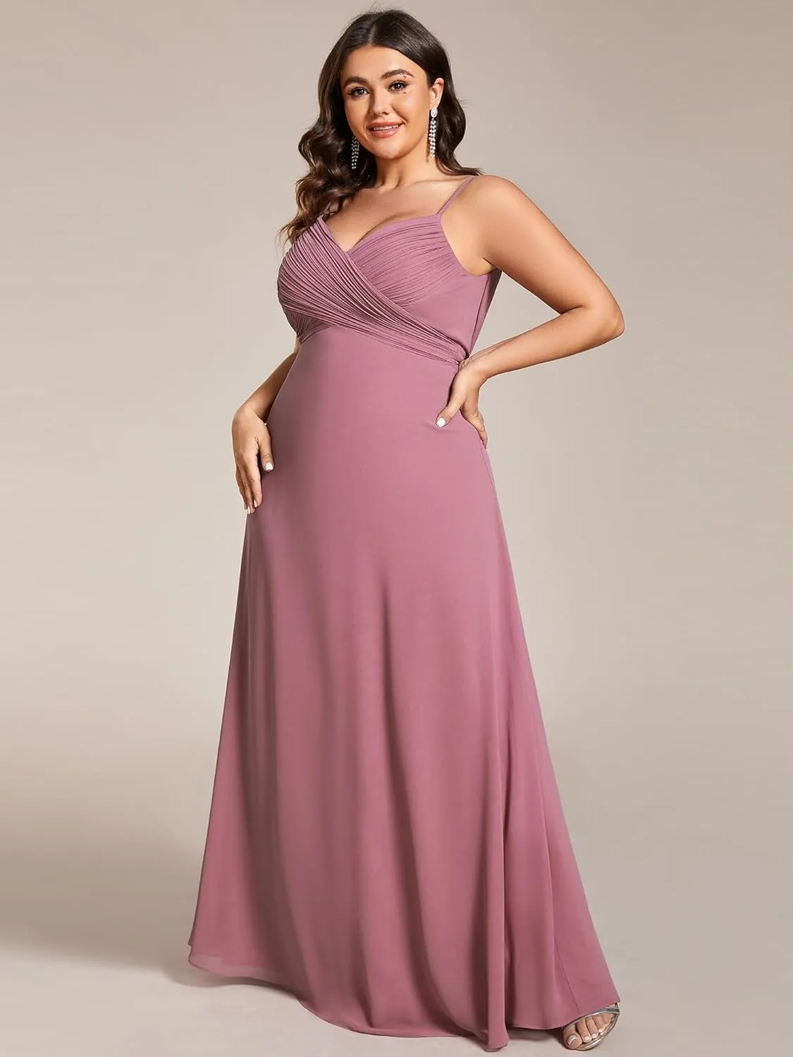 Ever-Pretty Plus Women's Summer Sexy Spaghetti Straps Cowl Back V Neck Ruched Plus Size Bridesmaid Dress