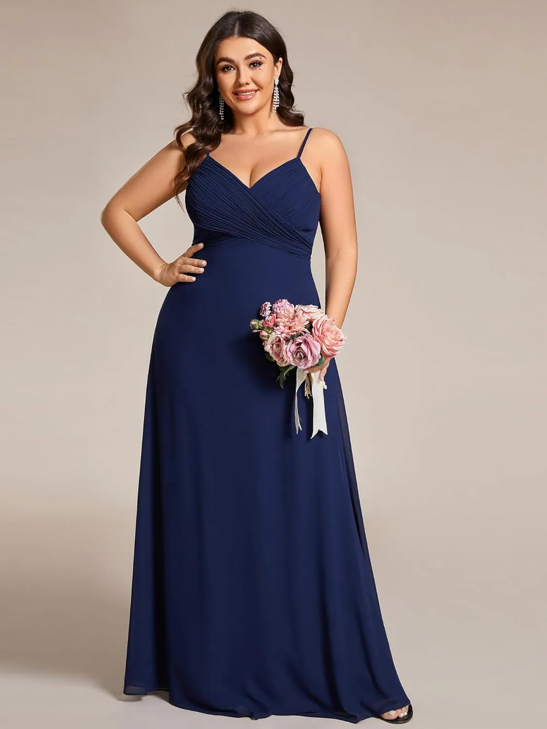 Ever-Pretty Plus Women's Summer Sexy Spaghetti Straps Cowl Back V Neck Ruched Plus Size Bridesmaid Dress