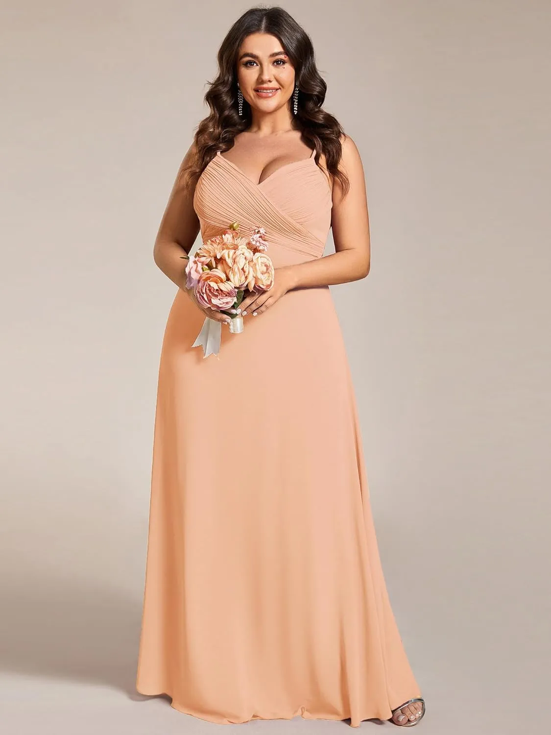 Ever-Pretty Plus Women's Summer Sexy Spaghetti Straps Cowl Back V Neck Ruched Plus Size Bridesmaid Dress