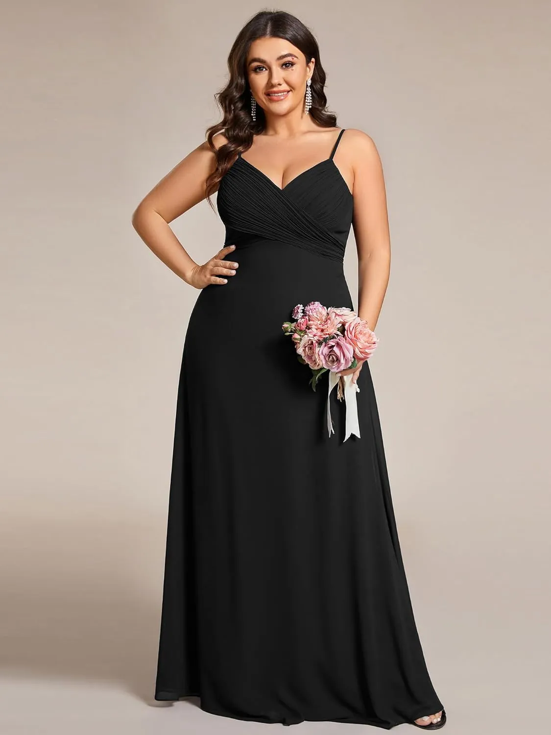Ever-Pretty Plus Women's Summer Sexy Spaghetti Straps Cowl Back V Neck Ruched Plus Size Bridesmaid Dress