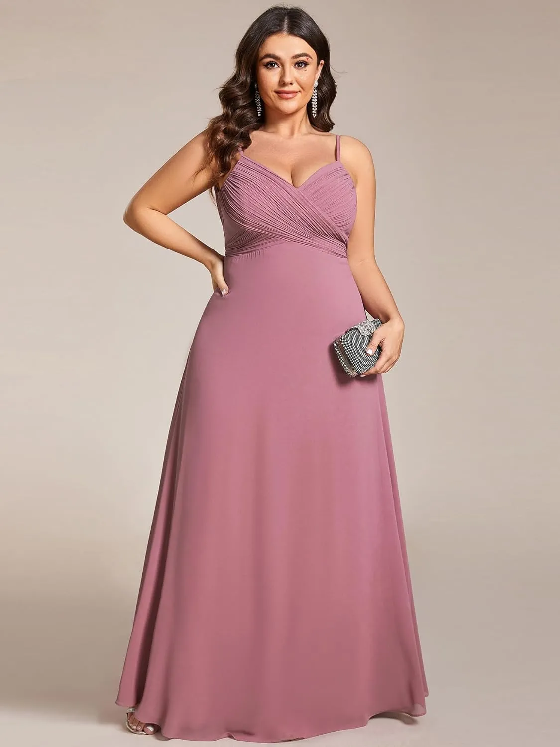 Ever-Pretty Plus Women's Summer Sexy Spaghetti Straps Cowl Back V Neck Ruched Plus Size Bridesmaid Dress