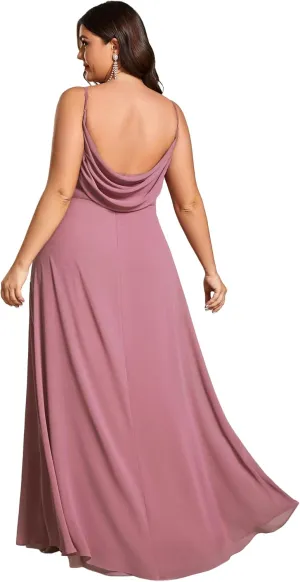 Ever-Pretty Plus Women's Summer Sexy Spaghetti Straps Cowl Back V Neck Ruched Plus Size Bridesmaid Dress