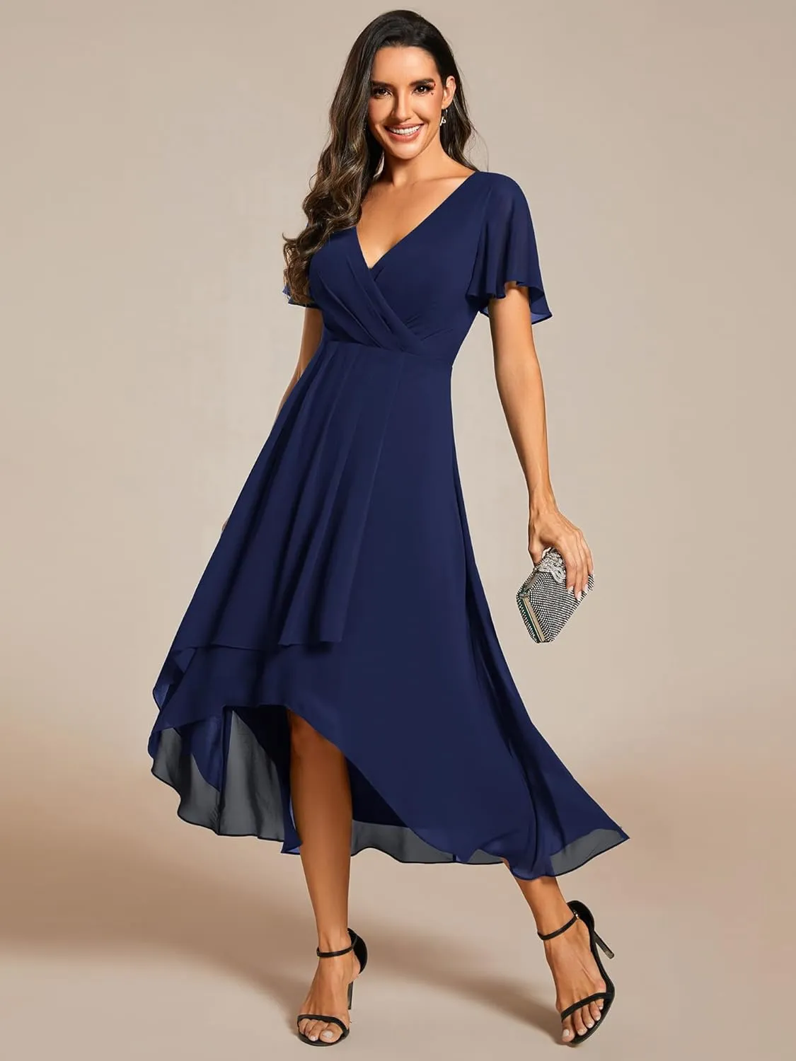 Ever-Pretty Women's A Line V Neck Ruffle Sleeves Pleated High Low Formal Dresses 02084