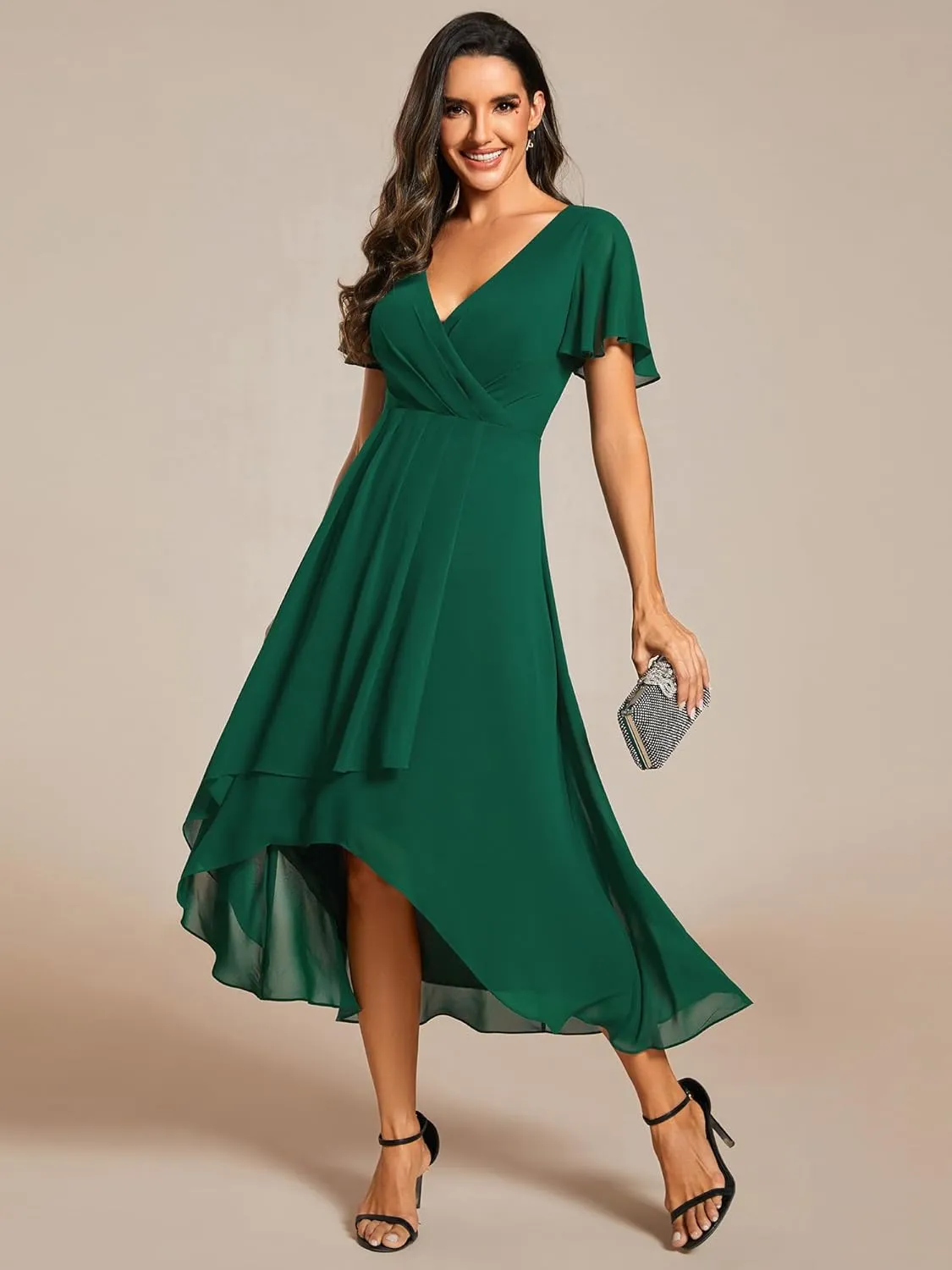 Ever-Pretty Women's A Line V Neck Ruffle Sleeves Pleated High Low Formal Dresses 02084
