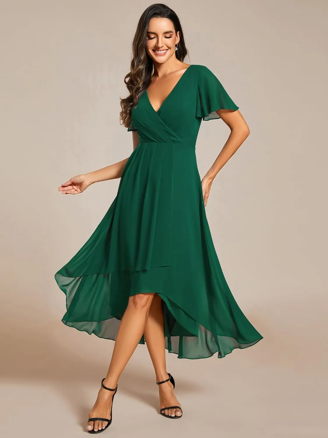 Ever-Pretty Women's A Line V Neck Ruffle Sleeves Pleated High Low Formal Dresses 02084