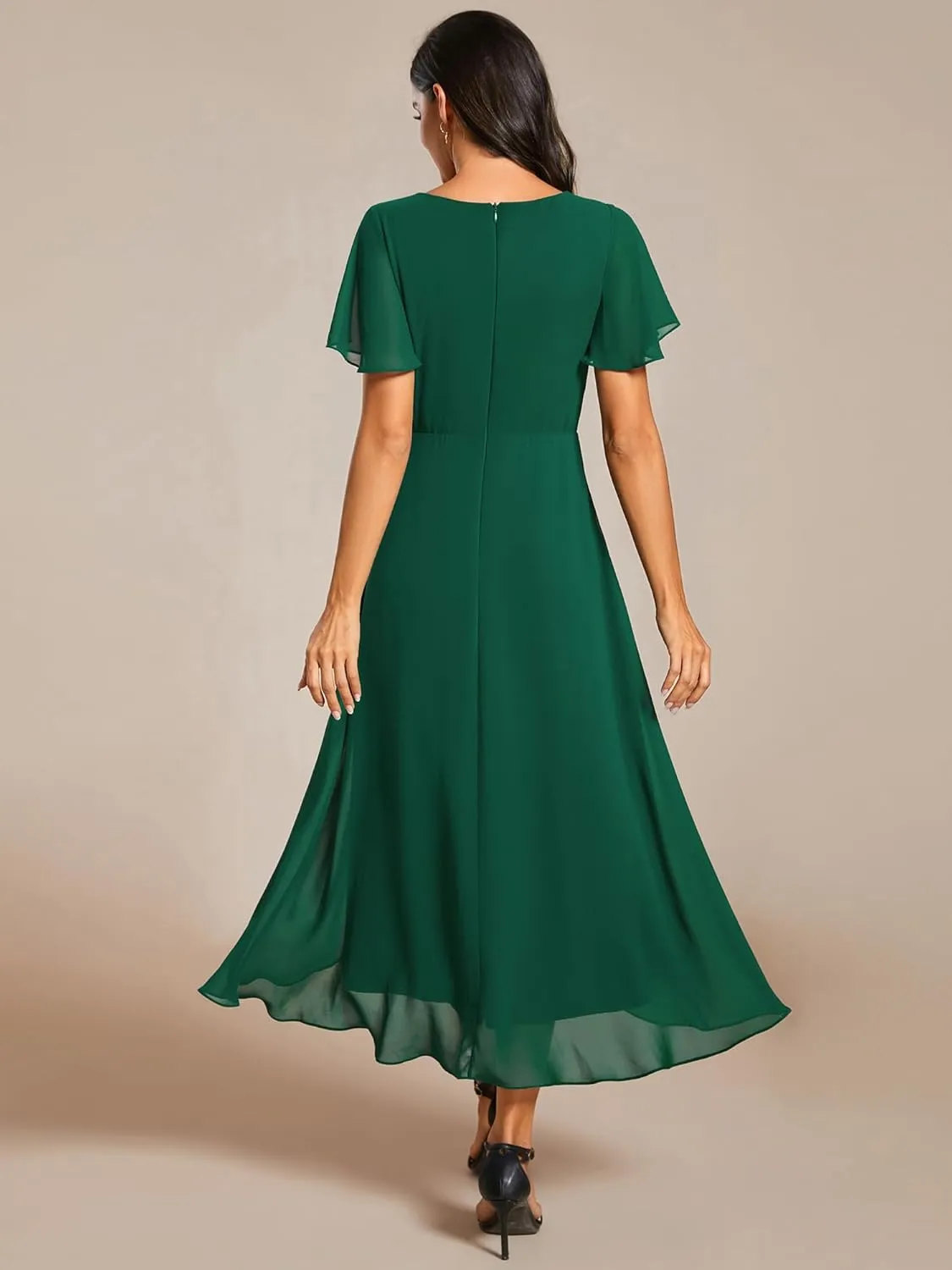 Ever-Pretty Women's A Line V Neck Ruffle Sleeves Pleated High Low Formal Dresses 02084